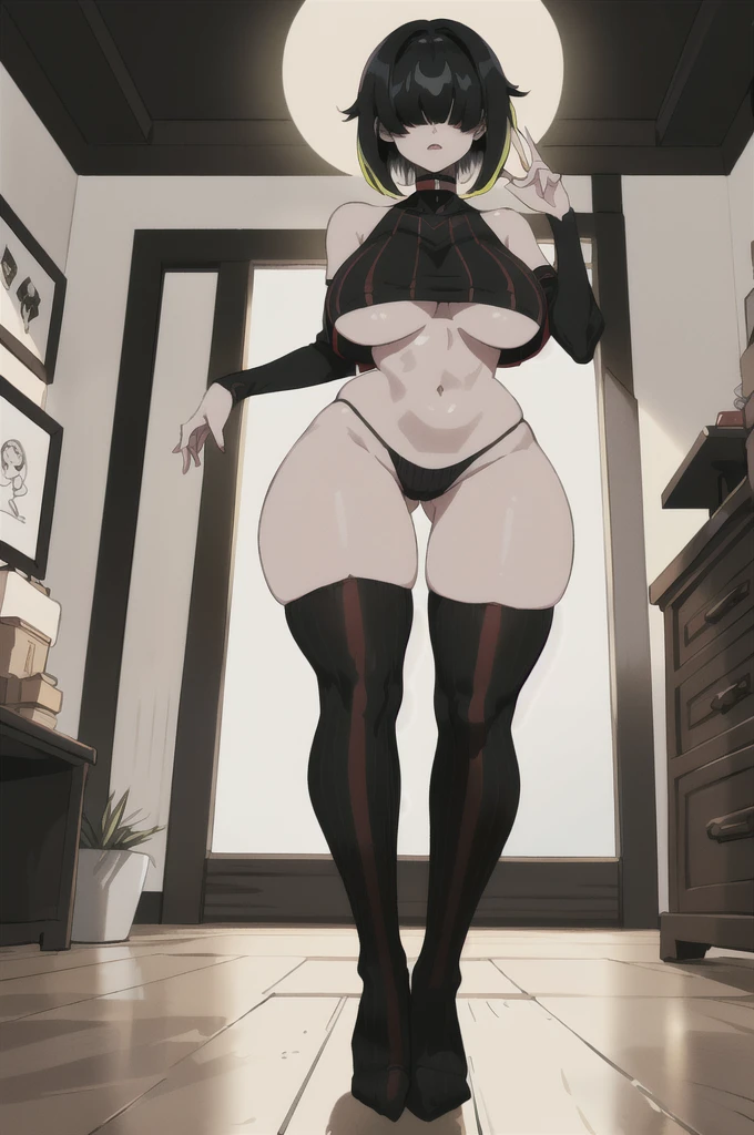 ((best quality, ultra-detailed, best illustration, best shadow, masterpiece, high res, professional artwork, famous artwork, anime drawing)), (1girl, solo), Reze, black spiked choker, hair between eyes, multicolor hair, black hair, hair bun, short hair, GothicC, (black hair:1.5, dyed hair, two-tone hair:1.3), black lipstick, black eyeliner, pale skin, outdoors, night, (((hair over eyes, bangs hair over eyes, bangs hair style))), ((((((extremely big breasts, extremely wide hips, extremely big ass, extremely big , extremely big hips, extremely big ass)))))), ((((wearing small tight white G-string, very small white G-string, extremely short loose black crop top, very short loose black crop top, red and black striped thigh-high socks, red and black striped stockings socks, standing on toes, on toes, on tippy toes)))), (in bedroom, standing in front of bed, standing, night time, backlit with moonlight, moonlight, Japanese themed room), (((looming over viewer, looking at viewer, standing directly over viewer, viewer looking up, viewer on found floor, viewer is on ground, view is on ground level))),