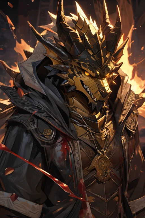 I want a hybrid of a golden dragonborn and black and white werewolf with backwards horns, extremely apparent golden scales, golden eyes, blood hunter with a malicious grin.