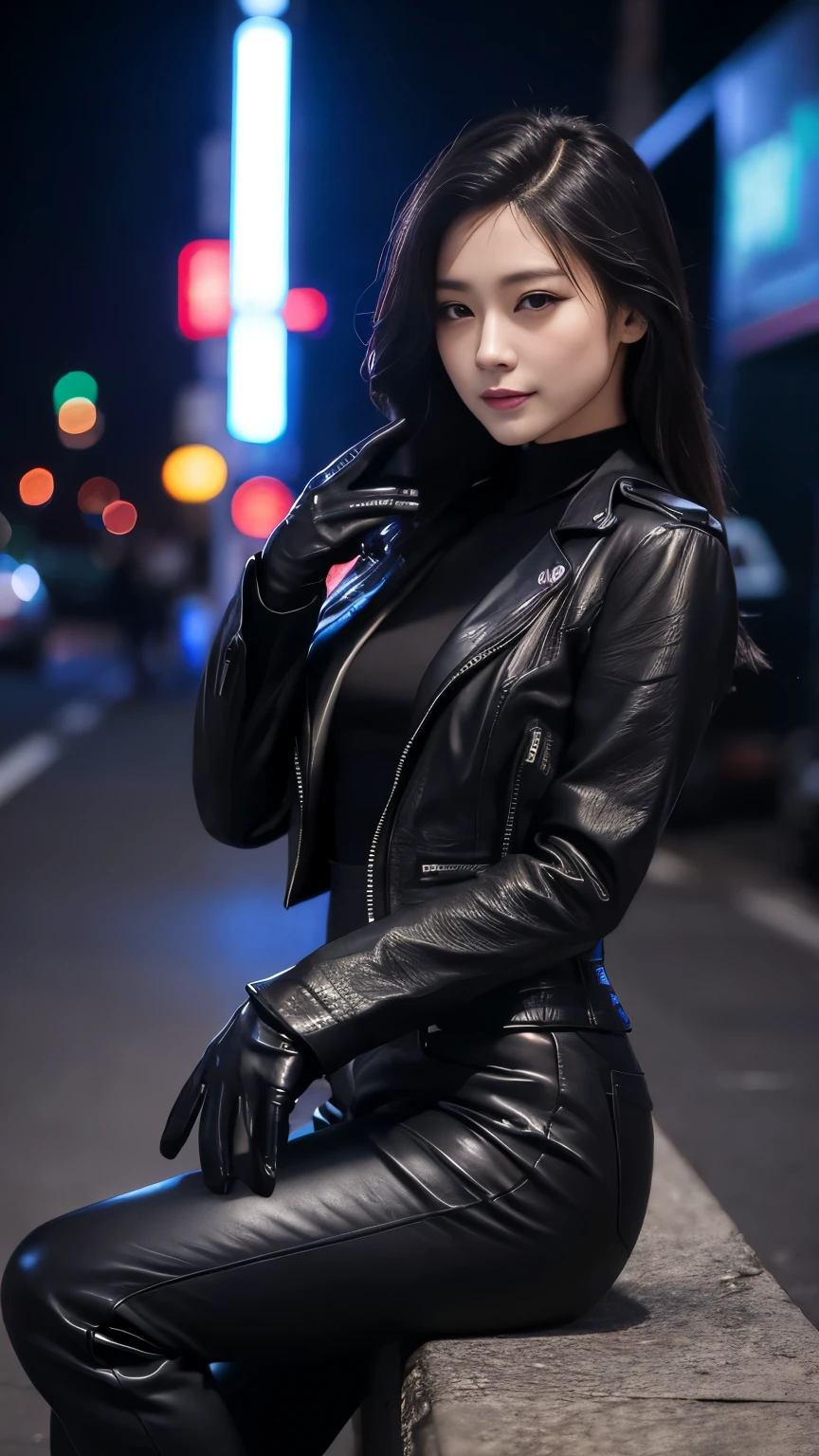 black leather rider jacket, Office in the Dark, Black leather gloved fingertips on both hands,Wearing black leather gloves,Sitting in a black leather chair、 Japanese female new recruits (Black leather gloves cover both hands) (The angle is horizontal)、Black Leather Pants,Black Leather Black Leather Pants,Black Leather Skinny Pants、Long black leather boots on both feet、Black Hair ((He wears black leather gloves on his hands))Full Body Photo,full body shot full body full body leather suit,☺If you turn in this direction。Wearing black leather gloves,Wearing black leather gloves,Wearing black leather gloves,Wearing black leather gloves,Wearing black leather gloves,Wearing black leather gloves,黒のレザーパンツが美しい😍黒のレザーパンツが美しい😍黒のレザーパンツが美しい,😍Smiling while looking at me,City lights、((Neon Cyberpunk City Street:1.3))、(Neon Light)、Detailed lighting、
Best image quality、Ultra-high resolution、(realism:1.4)、Korean Beauty Star、The most beautiful KPOP stars、face、Horny Korean Makeup、A body that makes you want to touch it、Realistic leather texture、Costume made of smooth leather fabric、The drape of the curved parts of the leather fabric、The costume is very shiny、Quality of the costume、8K Photo Quality
