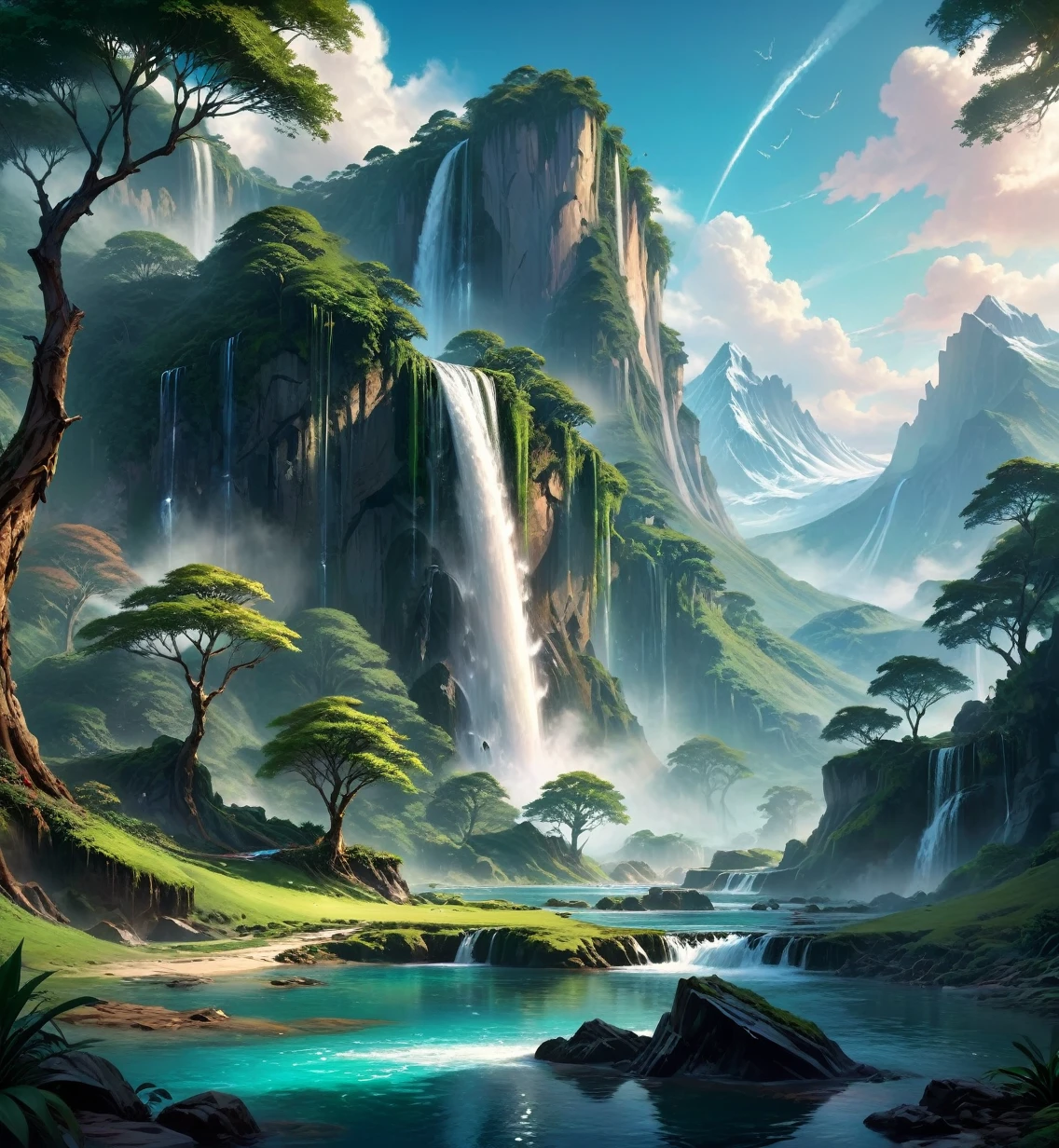mountains with a waterfall and a few trees in the foreground, impressive fantasy landscape, an epic landscape, fantasy matte painting,cute, fantasy art landscape, most epic landscape, 4k hd matte digital painting, epic fantasy landscape, 4k highly detailed digital art, epic dreamlike fantasy landscape, epic landscape, 4 k matte painting, ross tran. scenic background