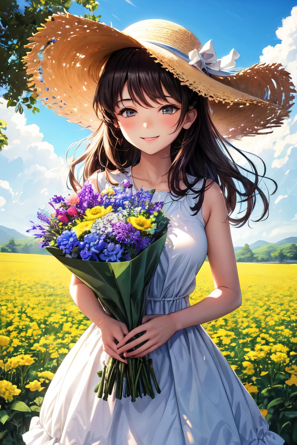 A girl is in the middle of a green field, com flores silvestres ao redor. She is wearing a light dress and a large straw hat, que a protege do sol. The sky is blue with some fluffy white clouds. A is smiling and holding a bouquet of flowers. Ao fundo, there are gentle hills and trees. A luz do sol ilumina a cena, criando um ambiente alegre e sereno