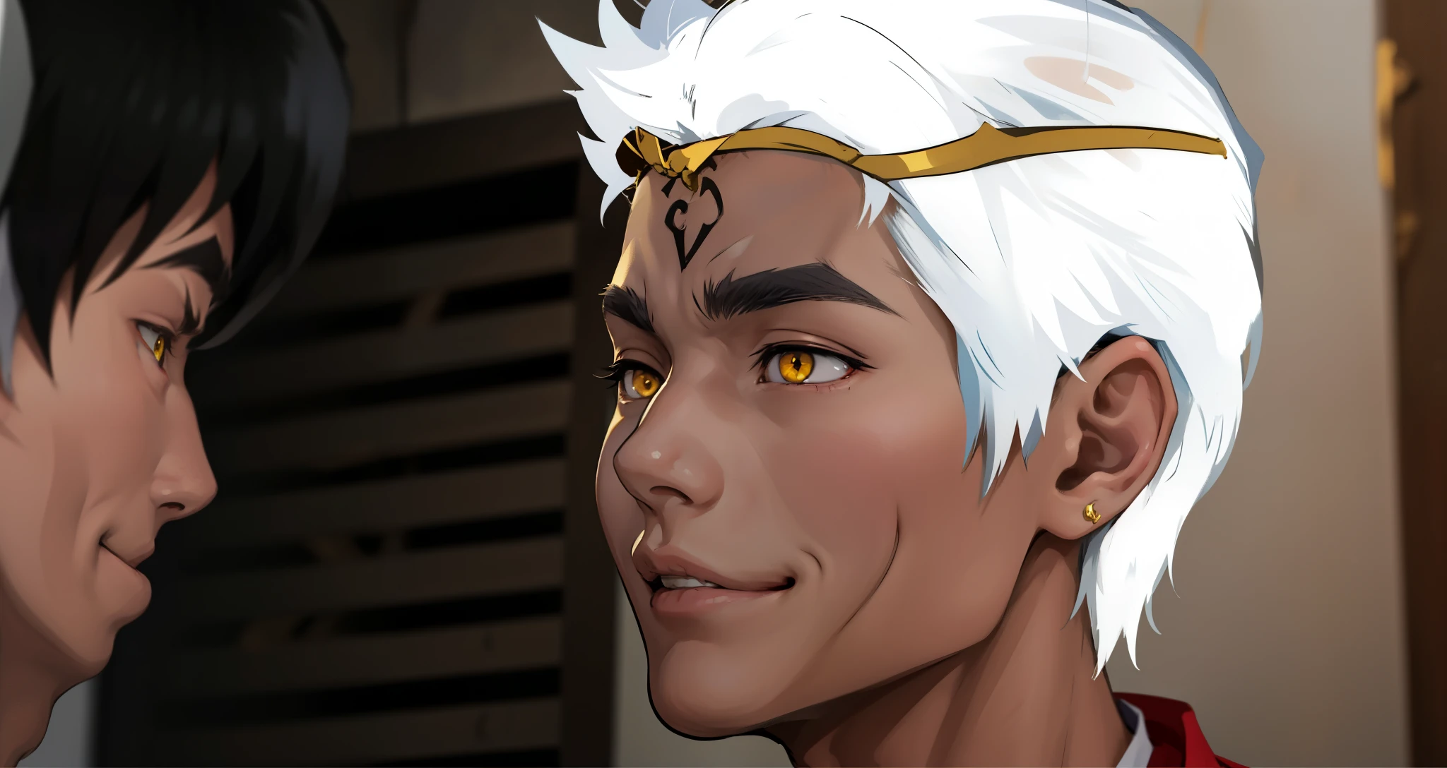 (estilo anime 2d plano)e 16-ar-boy sks evil with hate with a mischievous smile, malevolent irony, white hair, yellow eyes, golden headband jewelry