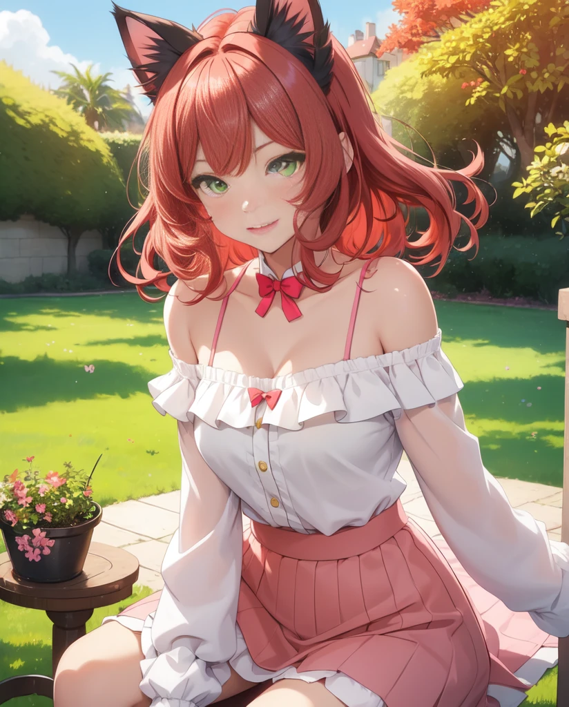 (((1 cat-girl))), ((cat ears)) solo, (((short light red hair tousled by the wind))), green eyes, pink off-shoulder sweater with long sleeves and kawaii skirt, spaghetti straps, shorts, lace, look at the viewer, luxurious, elegant, extremely detailed, pink lips, shy smile, feminine charm, blushing, beautiful sky, park, autumn trees, garden, butterfly, beautiful flowers, depth of field