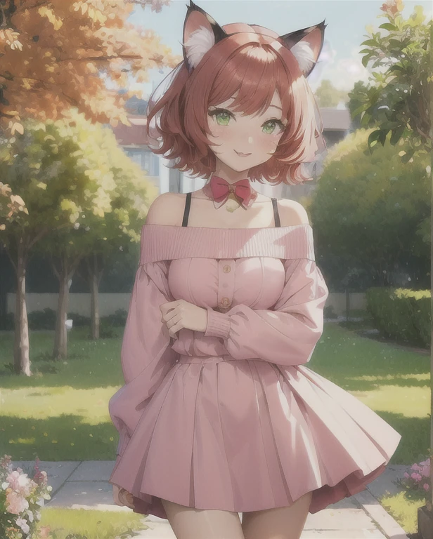 (((1 cat-girl))), ((cat ears)) solo, (((short light red hair tousled by the wind))), green eyes, pink off-shoulder sweater with long sleeves and kawaii  skirt, spaghetti straps, shorts, lace, look at the viewer, luxurious, elegant, extremely detailed, pink lips, shy smile, feminine charm, blushing, beautiful sky, park, autumn trees, garden, butterfly, beautiful flowers, depth of field