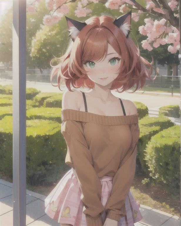 (((1 cat-girl))), ((cat ears)) solo, (((short light red hair tousled by the wind))), green eyes, pink off-shoulder sweater with long sleeves and kawaii skirt, spaghetti straps, shorts, lace, look at the viewer, luxurious, elegant, extremely detailed, pink lips, shy smile, feminine charm, blushing, beautiful sky, park, autumn trees, garden, butterfly, beautiful flowers, depth of field