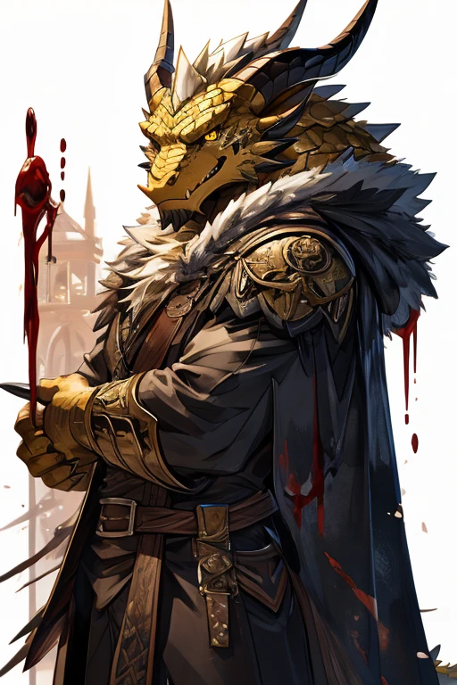 I want a hybrid of a golden dragonborn and black and white werewolf with backwards horns, extremely apparent golden scales, golden eyes, blood hunter with a malicious grin.