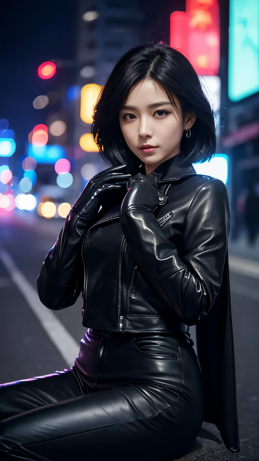 black leather rider jacket, Office in the Dark, Black leather gloved fingertips on both hands,Wearing black leather gloves,Sitting in a black leather chair、 Japanese female new recruits (Black leather gloves cover both hands) (The angle is horizontal)、Black Leather Pants,Black Leather Black Leather Pants,Black Leather Skinny Pants、Long black leather boots on both feet、Black Hair ((He wears black leather gloves on his hands))Full Body Photo,full body shot full body full body leather suit,☺If you turn in this direction。Wearing black leather gloves,Wearing black leather gloves,Wearing black leather gloves,Wearing black leather gloves,Wearing black leather gloves,Wearing black leather gloves,黒のレザーパンツが美しい😍黒のレザーパンツが美しい😍黒のレザーパンツが美しい,😍Smiling while looking at me,City lights、((Neon Cyberpunk City Street:1.3))、(Neon Light)、Detailed lighting、
Best image quality、Ultra-high resolution、(realism:1.4)、Korean Beauty Star、The most beautiful KPOP stars、face、Horny Korean Makeup、A body that makes you want to touch it、Realistic leather texture、Costume made of smooth leather fabric、The drape of the curved parts of the leather fabric、The costume is very shiny、Quality of the costume、8K Photo Quality