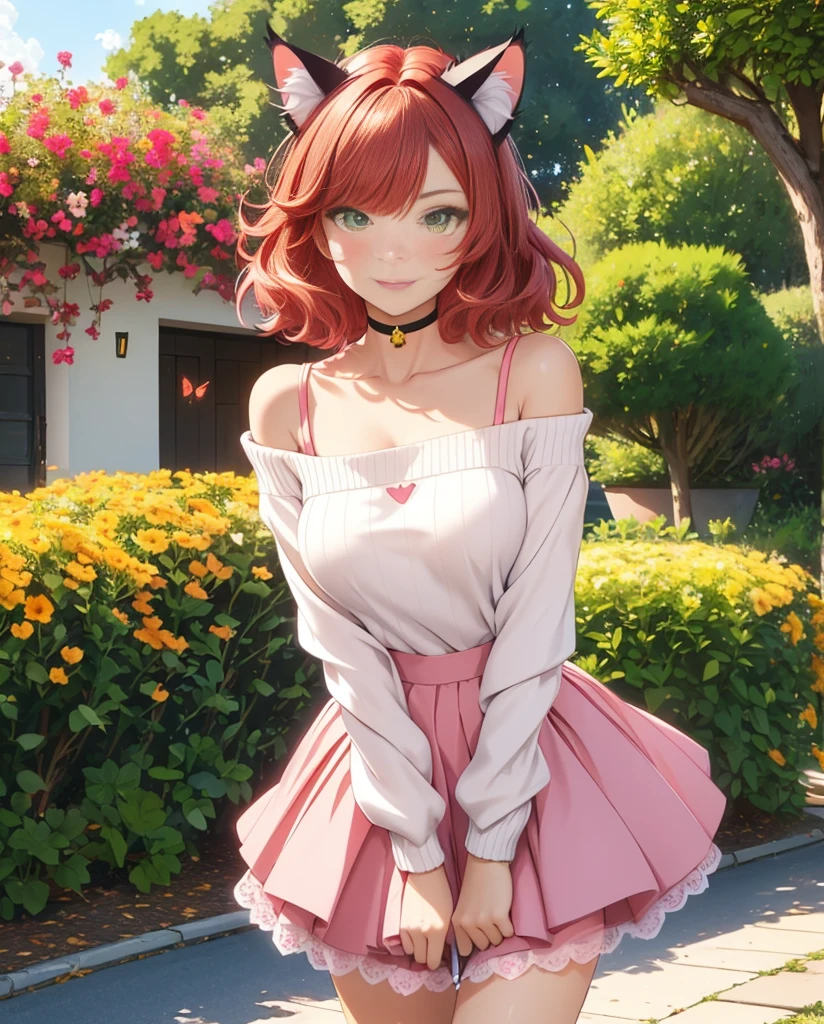 (((1 cat-girl))), ((cat ears)) solo, (((short light red hair tousled by the wind))), green eyes, pink off-shoulder sweater with long sleeves and kawaii skirt, spaghetti straps, shorts, lace, look at the viewer, luxurious, elegant, extremely detailed, pink lips, shy smile, feminine charm, blushing, beautiful sky, park, autumn trees, garden, butterfly, beautiful flowers, depth of field