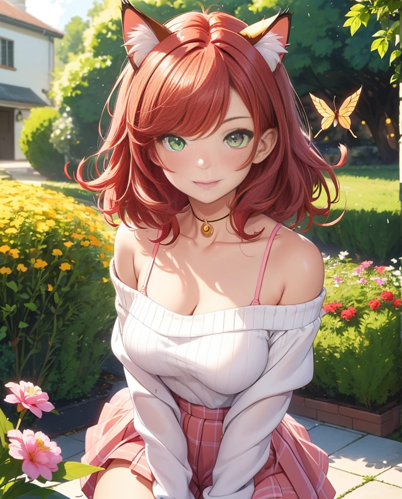 (((1 cat-girl))), ((cat ears)) solo, (((short light red hair tousled by the wind))), green eyes, pink off-shoulder sweater with long sleeves and kawaii  skirt, spaghetti straps, shorts, lace, look at the viewer, luxurious, elegant, extremely detailed, pink lips, shy smile, feminine charm, blushing, beautiful sky, park, autumn trees, garden, butterfly, beautiful flowers, depth of field