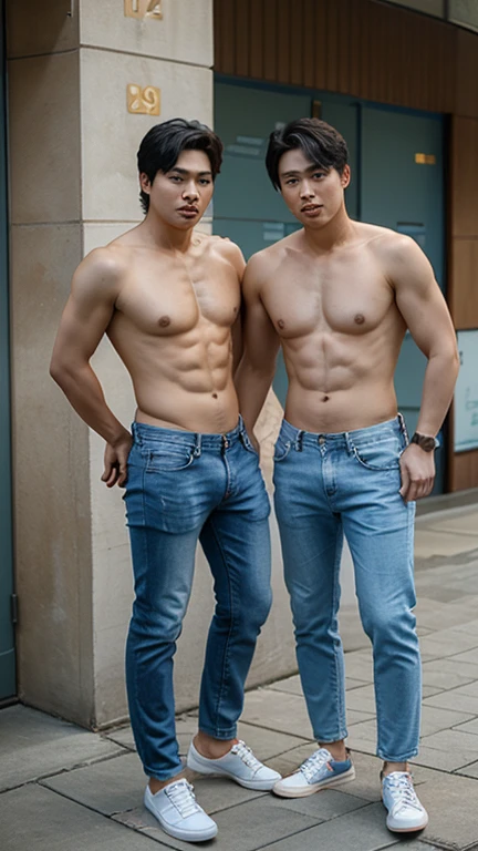 Two korean men touching pectorals, topless, light blue jeans, shoes, surprising face