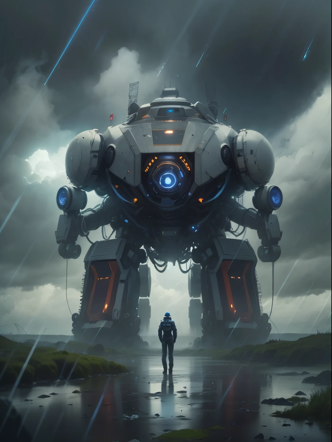 Universo Muckross, A huge robot, atmosfera sombria, nuvens, chuvisco, hiper-realista, ultradetalhe