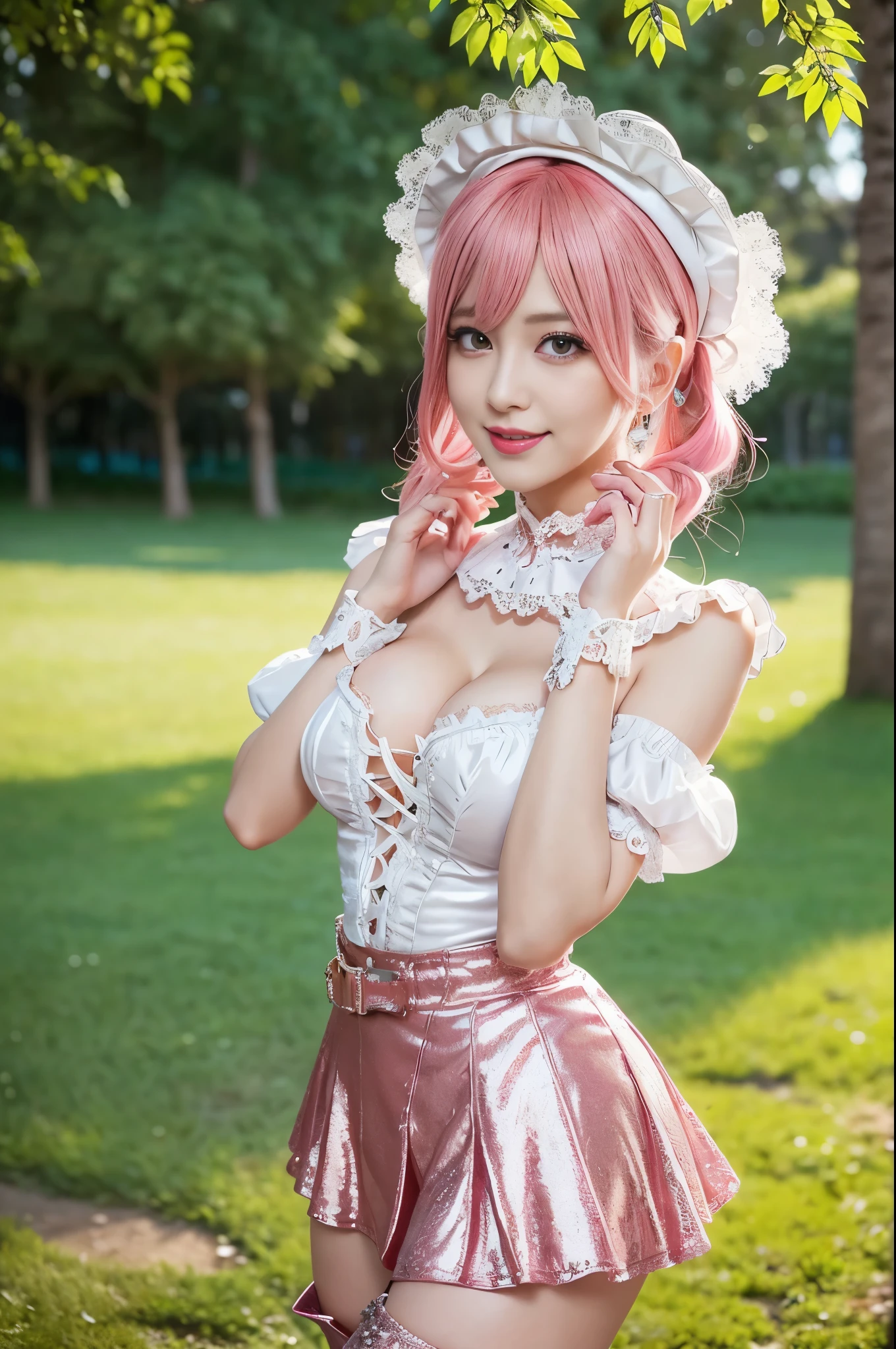 ((nsfw)), sexy stylish Swedish model, only 1 female, ((doll-like appearance)), long neon pink stylish hair, ((shiny Victorian-Style boots)), (big smile), ultra detailed eyes, vivid eye makeup, lipgloss, long lashes, defined eyebrows, (medium naked breasts), ((sexy Paradise Kiss cosplay)), (naked aroused open pussy), bell-shaped skirt, petticoats, high neckline, puffed sleeves, ((ultra detailed lace)), ((ultra detailed embroidery)), intricate details, Paradise Kiss accessoires and matching headpiece, choker, ((large sparkling Paradise Kiss jewelry)), cinematic light, detailed large park background with trees