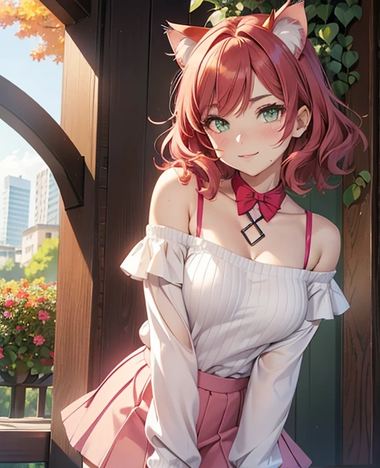 (((1 cat-girl))), ((cat ears)) solo, (((short light red hair tousled by the wind))), green eyes, pink off-shoulder sweater with long sleeves and kawaii  skirt, spaghetti straps, shorts, lace, look at the viewer, luxurious, elegant, extremely detailed, pink lips, shy smile, feminine charm, blushing, beautiful sky, park, autumn trees, garden, butterfly, beautiful flowers, depth of field