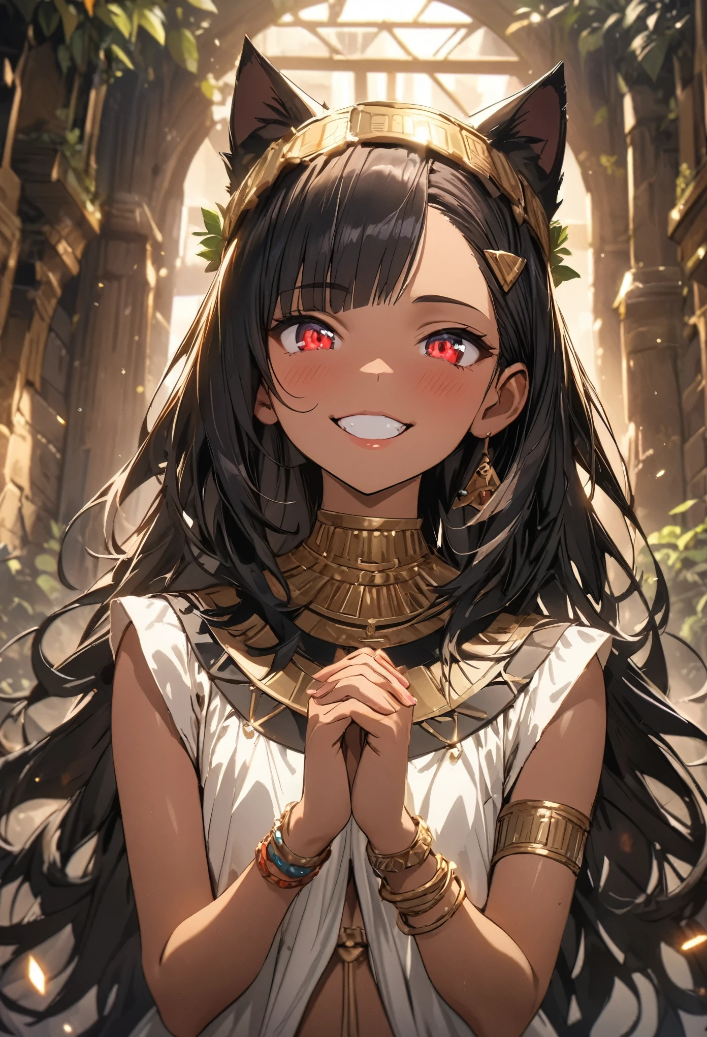 ((Masterpiece)), (Anime:1.3), ((best quality)), (super detail:1.2), (High Definition:1.3), (Professional Photography:1.2), (sharp focus), (perfect light), ((12 years old)), Textured skin, cinematic lighting, Very pretty Egyptian girl, (grin), Egyptian clothe, (Healthy slim body), dark red eyes, (Beautiful diamond eyes:1.5), (put on cat ears), unruly hair, ((glossy lips)), (head wreath), light particles, Slender body, dark skin, (Healthy skin), (Fine gemstone bracelets), (Asymmetric bangs:1.3), BREAK, ((best quality)), (super detail:1.2), Hooray!, (clap hands together in prayer), Egyptian fortune teller's house, (ancient ruined overgrown),