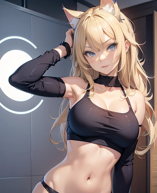 (((1 cat-girl))), solo, (busty hot girl), (blue eyes), (blonde long hair), ((panties)), ((crop top)),