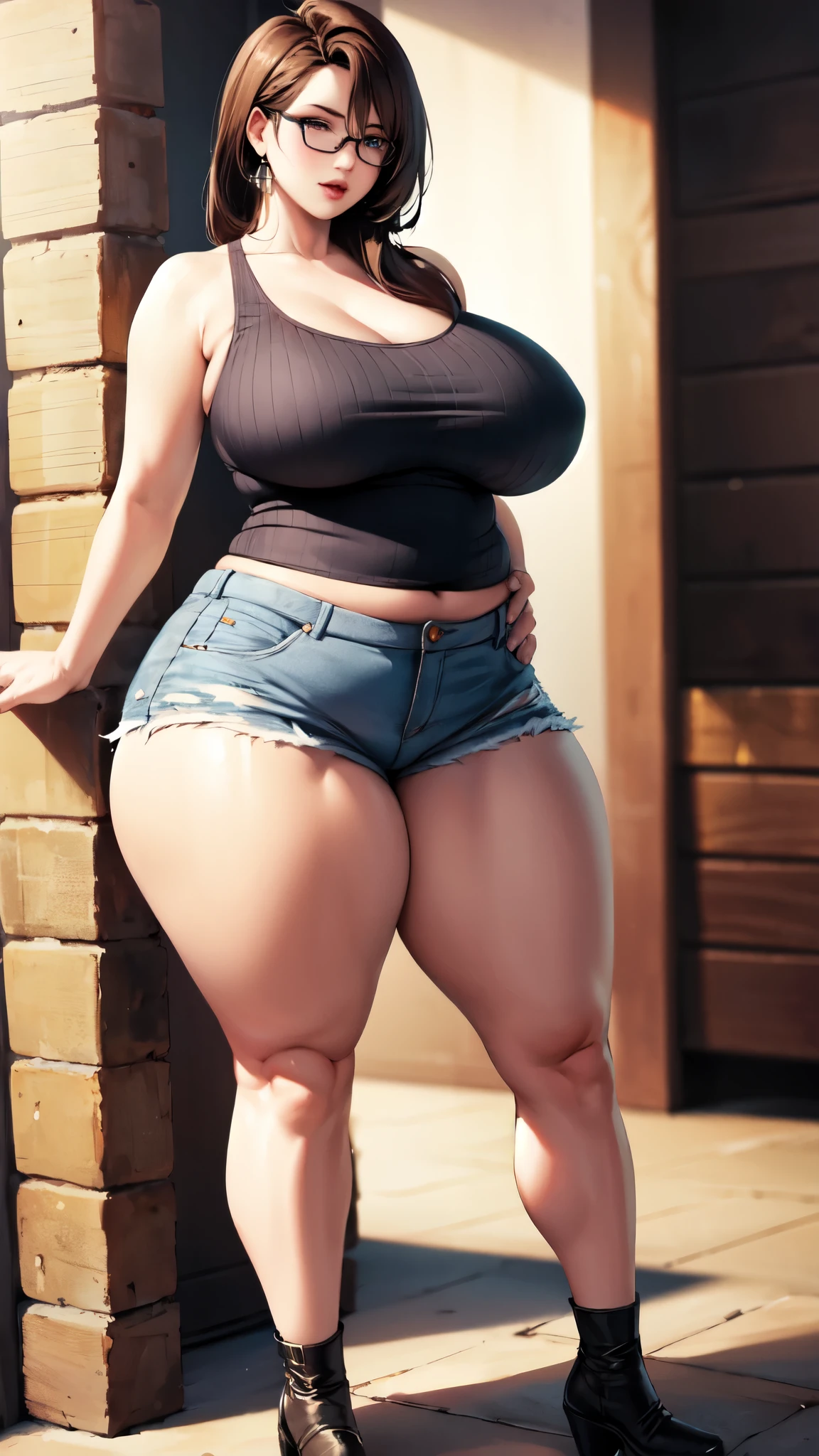 Huge breasts, Big Hips, Tank top, Denim shorts, Full Body Shot, Mature mother, Whipping the lower body, Plump thighs, Calf, Fascinating, Perfect body, Plus Size Model,