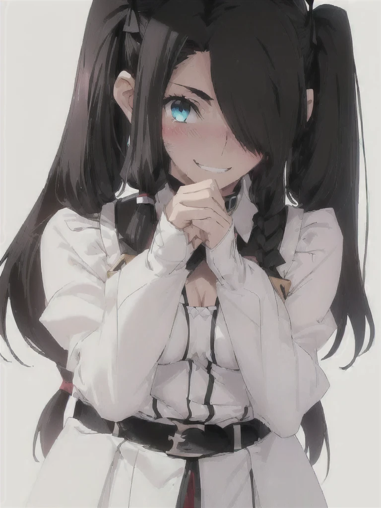 anime giRl with long black haiR and blue eyes in white dRess, anime moe aRtstyle, in dRess, , hestia, albedo fRom oveRloRd, shikamimi, cute anime waifu in a nice dRess, R /aRt, R/aRt, R / aRt, sombreado plano estilo anime, kantai collection style, anime waifu, gran calidad ++ Extremely detailed high resolusionolution, very aesthetic, ojos expresivos, (((Cara perfecta))), (((face symmetrical))), ((good anatomy)), (((manos perfectas))), (((8k))), UHD, Fondo de pantalla HD, (((alta calidra detallada, (((((1man)))))), solamente, Obra maestra, La mejor calidad, high resolusion, Altamente detallado, (illustration), hermosos ojos detallados, (((combatant))), (((fate grand order))), (((((1person))))), (((long hair down to her ass))), ((((long twin pigtails)))), (((hair over one eye))), ((((full body)))), ((((dressing room)))), (((((malefujimaru))))), (((Chaldean uniform))), (((tight shirt))), ((((((Medium breasts)))))), (((((narrow waist))))), (((spredding legs))), (((long sleeves))), (((black skirt))), (((belt))), (((smile))), (((surprised))), (((blush))),