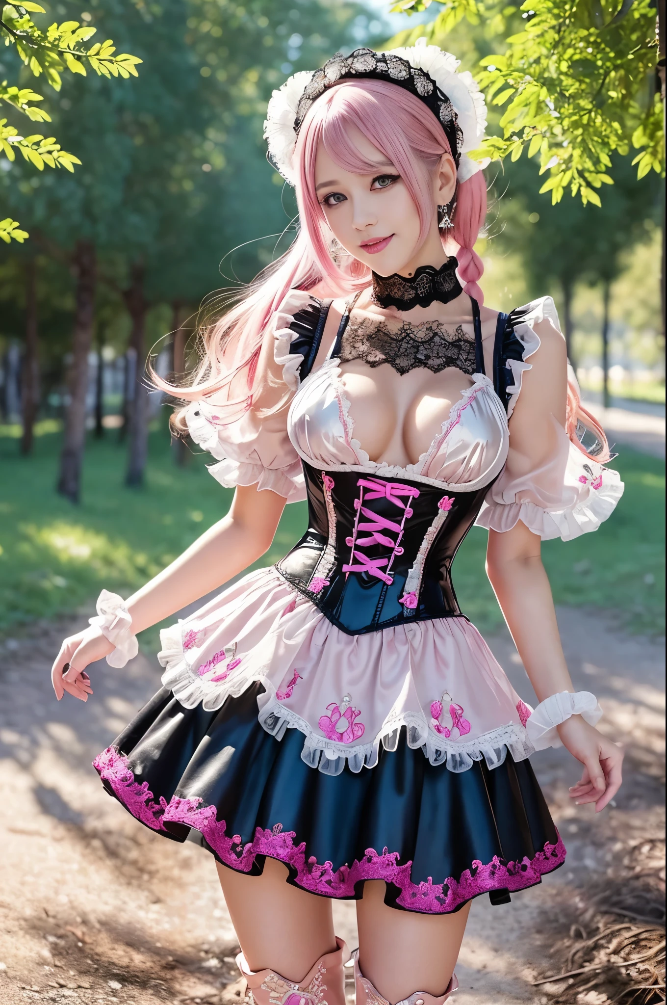 (nsfw), sexy stylish Swedish model, only 1 female, ((doll-like appearance)), long neon pink stylish hair, ((shiny Victorian-Style boots)), (big smile), ultra detailed eyes, vivid eye makeup, lipgloss, long lashes, defined eyebrows, (small naked breasts), ((sexy Paradise Kiss cosplay)), (naked aroused open pussy), bell-shaped skirt, petticoats, high neckline, puffed sleeves, ((ultra detailed lace)), ((ultra detailed embroidery)), intricate details, Paradise Kiss accessoires and matching headpiece, choker, ((large sparkling Paradise Kiss jewelry)), cinematic light, detailed large park background with trees 