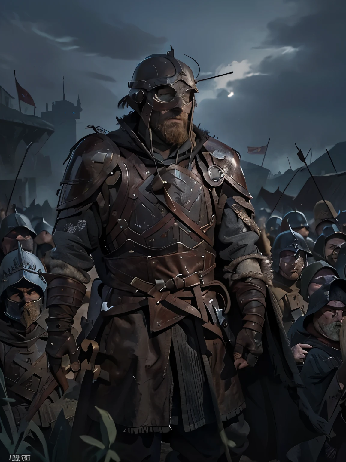 Cartoon style pictures ,(European men),midnight,Overall black tone, Characters take up one fifth,Create dystopian masterpieces, Game of Thrones movie scenes, The whole character is dressed in Game of Thrones style, Rugged full body armor and cloak, The background is the medieval manor farmland,river,farmer,(Face covering,Can't see the face,Face in the shadows,Wearing a helmet without showing the face,Strong man, strong, shabby), ((Turn your back to the audience)), Photos taken from a distance,