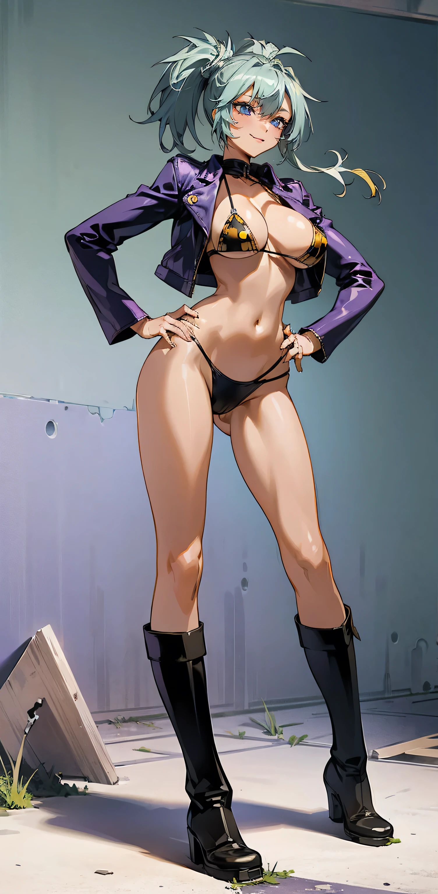 Masterpiece, best quality, Masterpiece, best quality, 1 woman , blue eyes , Yellow ponytail , black leather jacket , sly face , smile , purple bikini , abdomen, big breasts , Long legs , boots , Put your hands on your hips. , abandoned factory