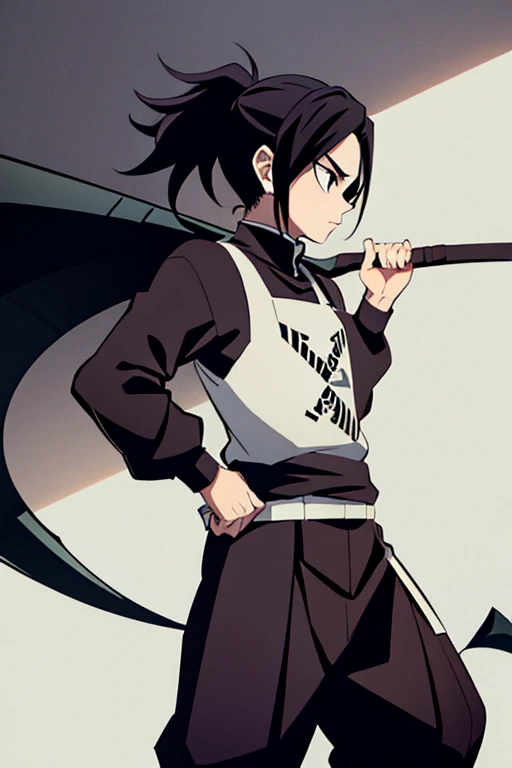 Boy with ponytail,holding one Scythe