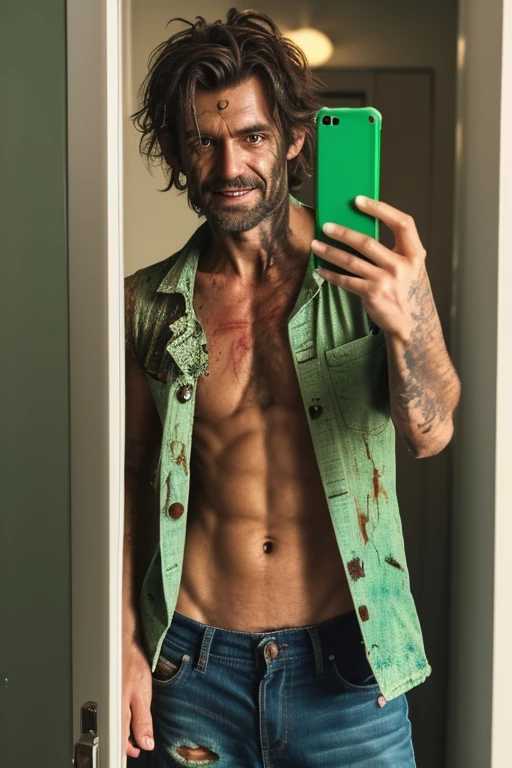 Zombie, male, middle-aged, green face, green hands, decay, dirty photo, very tattered clothes, looking at smartphone screen, touching smartphone, dirty skin, dirty hands, taking a selfie, full body visible, smiling, jumping, green skin, decayed face, tattered and dirty clothes, peeled skin, lots of blood, injury, axe, rotten skin, dirty unkempt hair, less exposed skin, fitting room