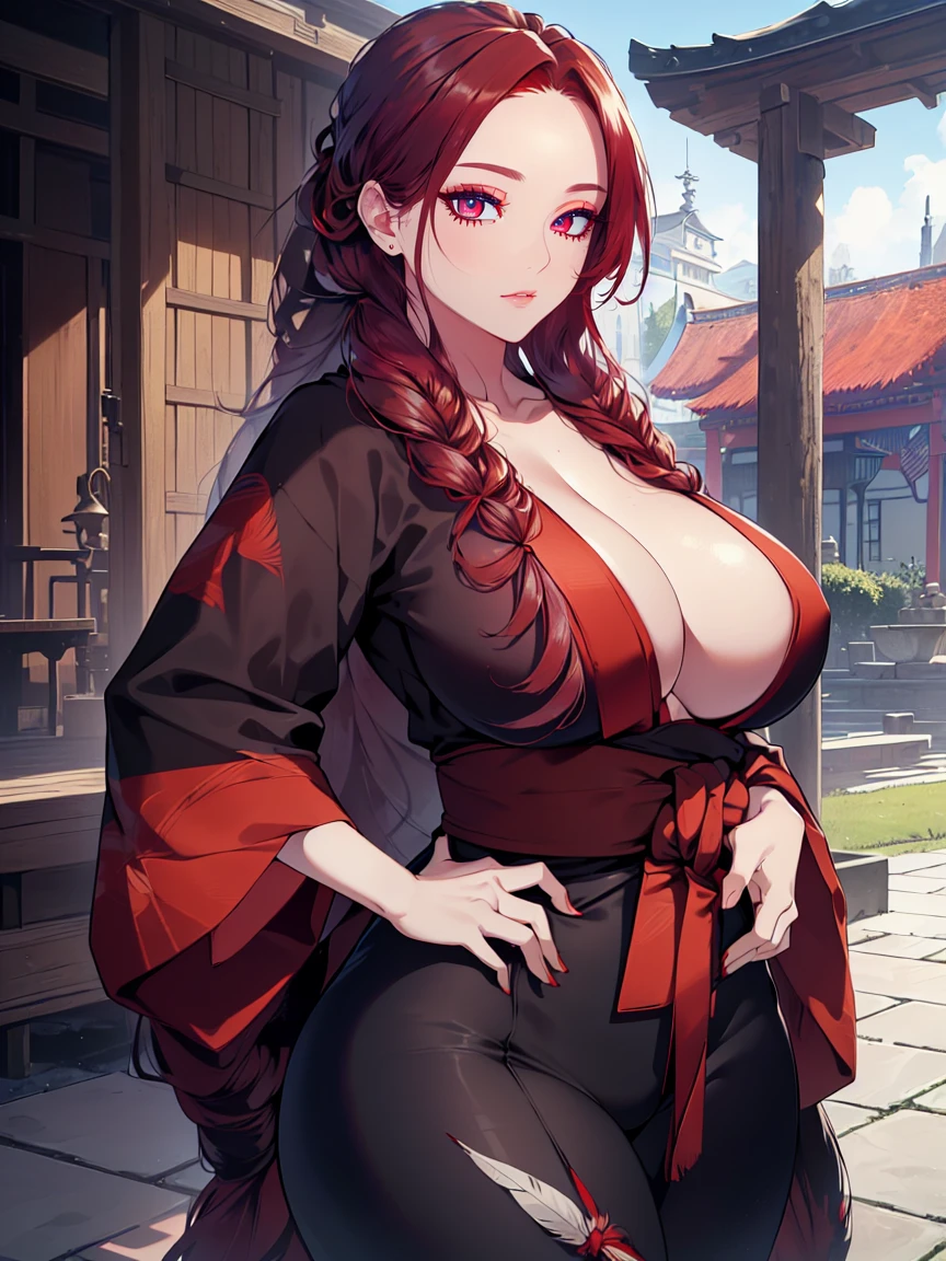 (Uhd, Masterpiece, Textured Skin, Super Detail, High Details, High Quality, Best Quality), Detailed Face, 1woman, mature pretty woman, ((wide hips, thick thighs, huge breasts)), ((Long Red hair tied:1.5)), ((Black kimono with feathers), (Pants), (Huge body), hands on hips, (Cultivator), Courtyard with a stone floor, (impressive pose