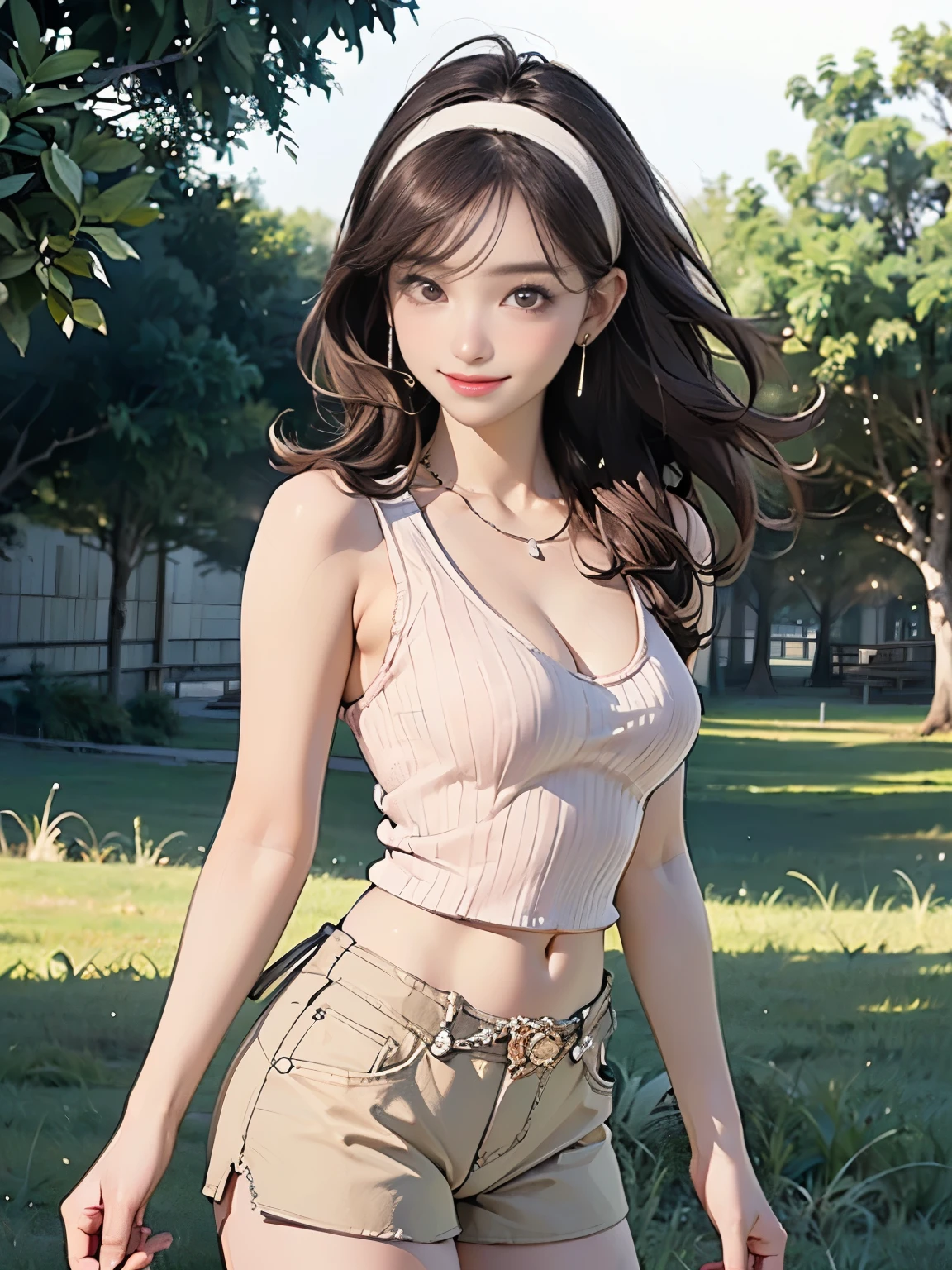 ((((highest quality))))、(((Ultra-precision CG16K wallpaper)))、(((masterpiece)))、(((Super detailed)))、(((Extreme detail)))、((1Mature 29 year old woman:1.6))、((Very beautiful Japanese faces))、((Zuo々Nozomi:1.5))、((Straight Layered Medium Hair、blunt bangs))、(Shiny brown hair)、Beautiful delicate eyes、Brown Eyes、eyeliner、Eyeshadow、High nose、Small nostrils、Small Mouth、Seductive lips、Beautiful breasts、((C cup size breasts))、Cleavage、Beautiful feet、eight-headed body、Perfect proportions、Perfect Anatomy、Perfect composition、Beautiful detailed shading、Beautiful, natural lighting、Beautiful detail glow、Depth of written boundary、(((High chroma)))、(((Real:1.9)))、((vivid:1.5))、((Beautiful Skin))、((Skin Texture))、((Realな皮膚感))、(((Cowboy Shot:1.6)))、((front view、shoot from front、Front low angle:1.6))、(((smile:1.6)))、((The woman is looking at this、looking at viewer、Facing forward:1.6))、Bright daylight、Natural light、(((Grass Square、Trees、null:1.5)))、(Gravure idol pose:1.6)、(((Beige pink ribbed knit tank top、White low-rise hot pants:1.6)))、((Headband、Earrings、Wearing a necklace:1.6))、