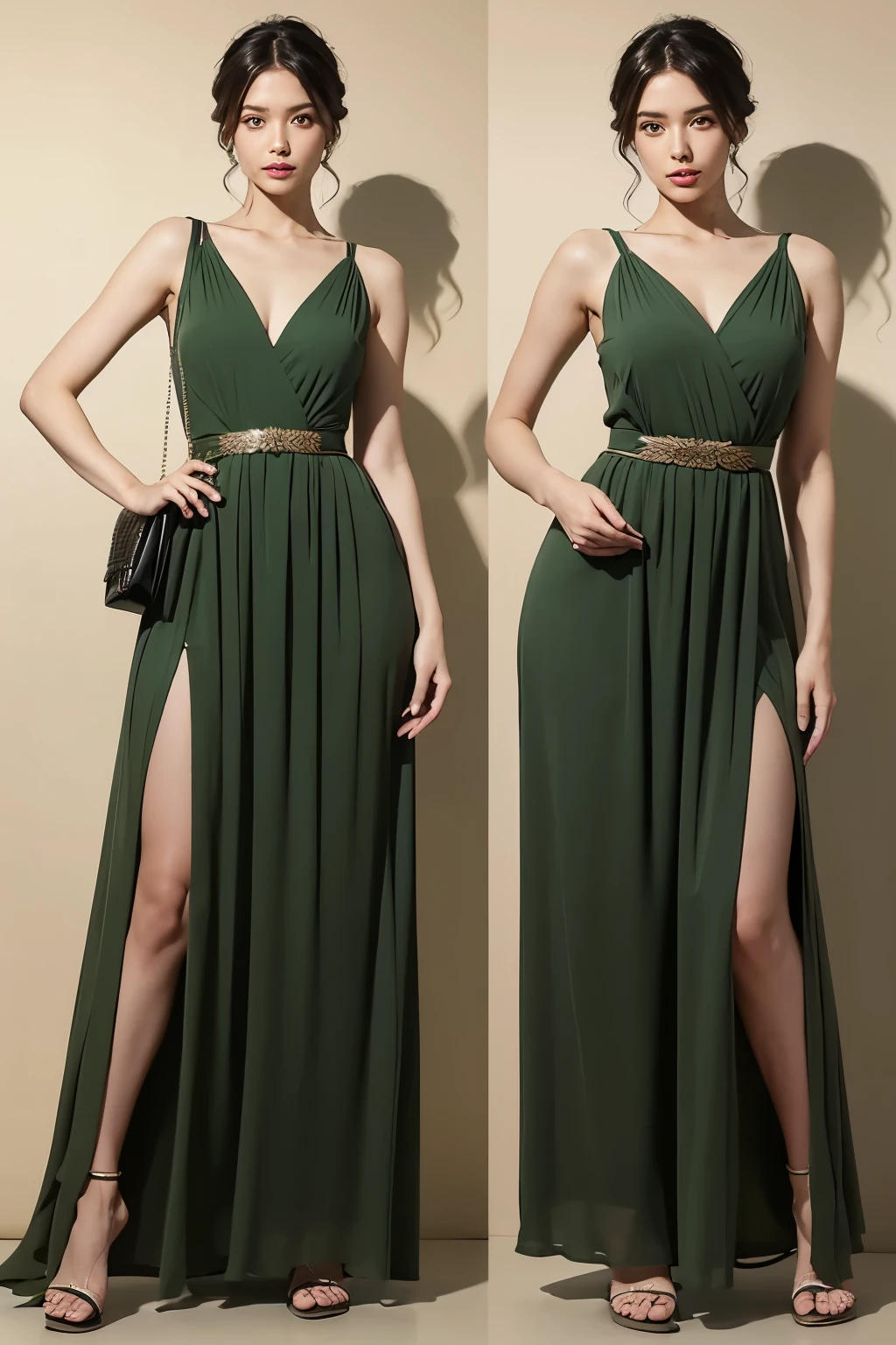 Araped woman wearing green dress and clutch bag, Full Body Green Dress, olive green, long dress, jumpsuit, long dress female, wearing a long dress, wearing long, flowing clothes, thin waist and thick hips, vivid details, pants, green clothes, waist height, Medium Poly, full-length view, Female figure wearing maxi dress