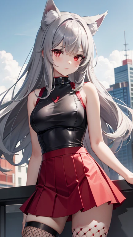 adult girl, Gray hair of medium length, red eyes, wolf ears, Red tight top, Sleeveless, fishnet tights, leather skirt, Masterpiece, hiquality