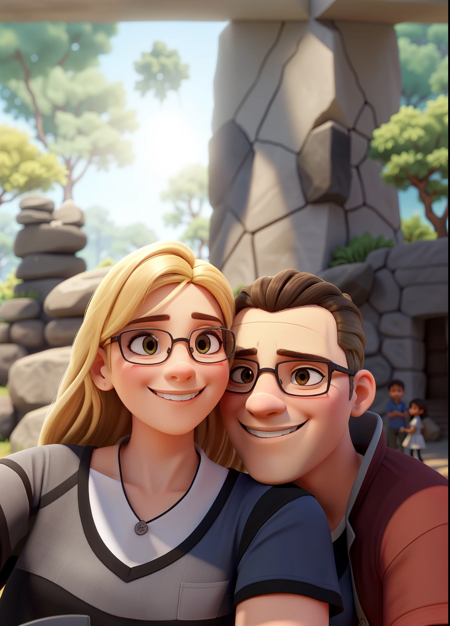 Na imagem, there are two individuals posing for a selfie. The person on the left appears to be a woman with blonde hair., wearing sunglasses and a black mesh-textured blouse. A pessoa da direita parece ser um homem de cabelos escuros, vestindo uma camisa vermelha. They are both smiling and seem to be enjoying their time together. The background suggests they may be in a park or natural setting with trees and what appears to be a stone structure or wall.. The lighting and shadows indicate that it is a sunny day.
