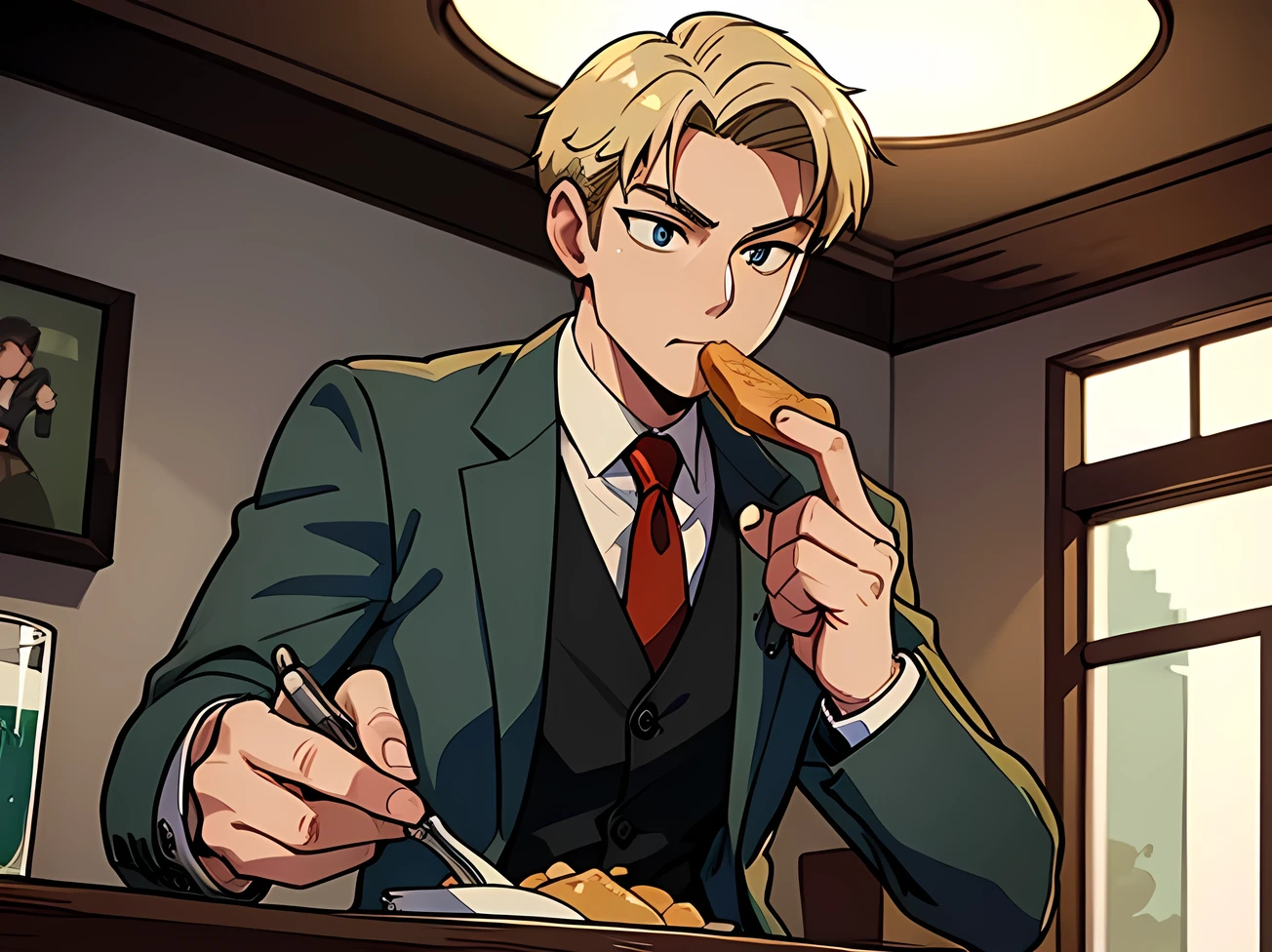 agent_twilight, eating, table, 1boy, sitting, cutting her food, in right, Grey suit, blonde hair, masterpiece, best quality, 1990s style