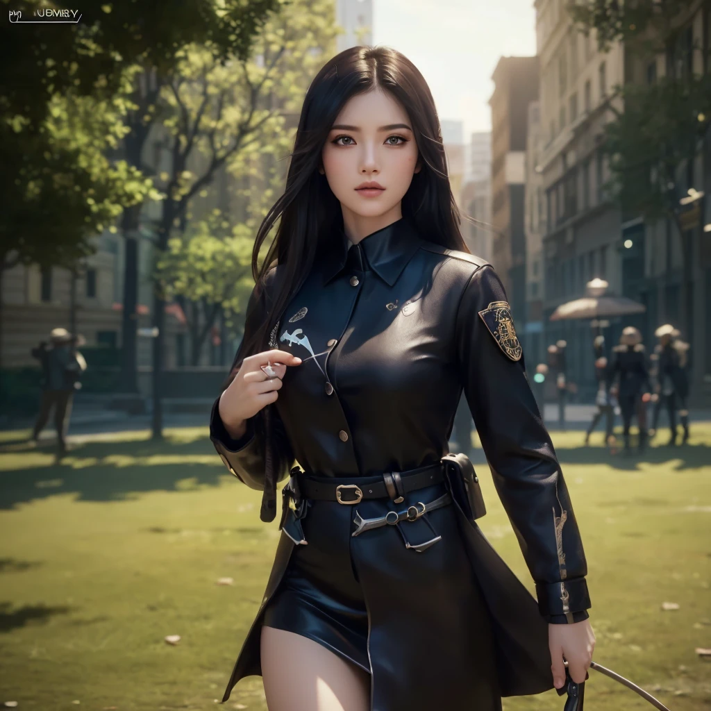 (วอลล์เปเปอร์ CG unity 8k ที่very detailed),(Masterpiece), (best quality), (very detailed), (best illustrations),(best shadow), cowboy shoot, (sharp eyeliner, eyelid, Detailed eyes:1.1), (city background:1.2), ,Take a break , Version 3 (Girls' frontline), , 3D,8k,