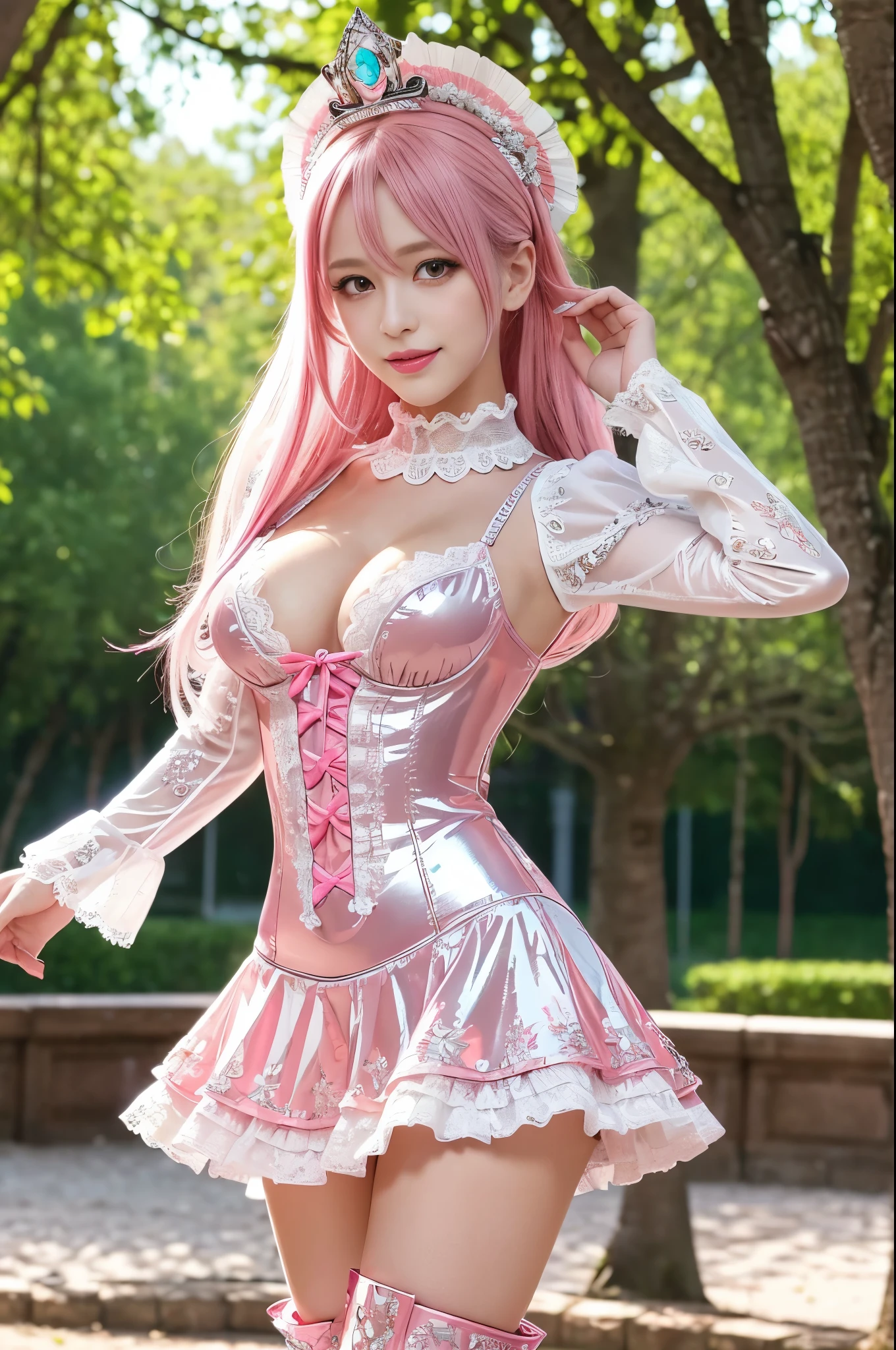 (nsfw), sexy stylish Swedish model, only 1 female, ((doll-like appearance)), long neon pink stylish hair, ((shiny Victorian-Style boots)), (big smile), ultra detailed eyes, vivid eye makeup, lipgloss, long lashes, defined eyebrows, (small naked breasts), ((sexy Paradise Kiss cosplay)), (naked aroused open pussy), bell-shaped skirt, petticoats, high neckline, puffed sleeves, (( ultra detailed lace)), ((ultra detailed embroidery)), intricate details, Paradise Kiss accessoires and matching headpiece, choker, ((large sparkling Paradise Kiss jewelry)), cinematic light, detailed large park background with trees