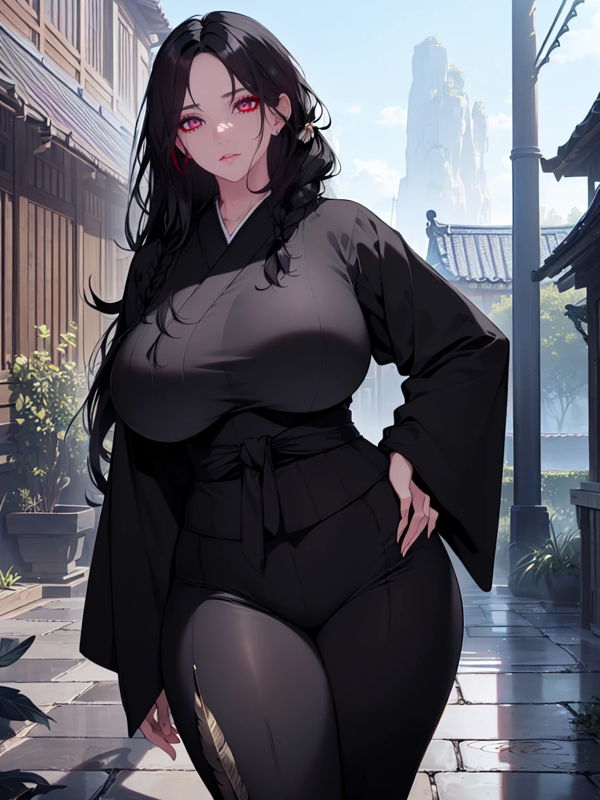 (Uhd, Masterpiece, Textured Skin, Super Detail, High Details, High Quality, Best Quality), Detailed Face, 1woman, mature pretty woman, ((wide hips, thick thighs, huge breasts)), ((Long black hair tied:1.5)), ((Black kimono with feathers), (Pants), (Huge body), hands on hips, (Cultivator), Courtyard with a stone floor, (impressive pose