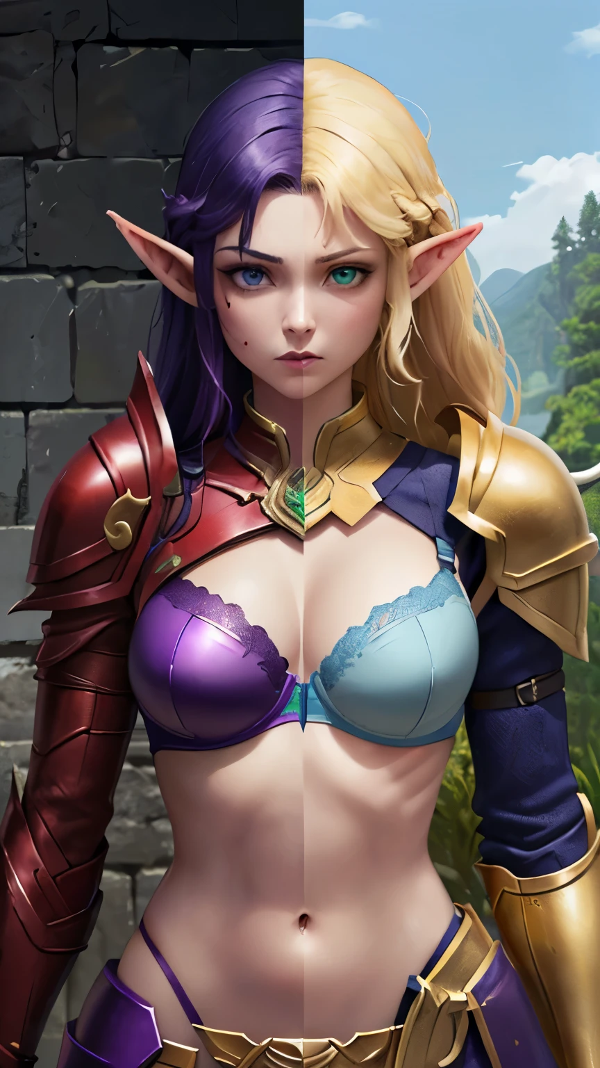 (Highly quality, highly resolutions, highly detailed, masterpiece) Forest background, angry, clenched teeth, ((SplitScreen,  splitscreen, slim body, 1girl, green eyes, blood elf, Elf, pointy ears, blonde hair, natural skin, red Armor, red bra, armored bra, breastplate, gold trim armor, shoulder pads, red shoulder pads, Navel, Abdomen, sexy)), vs, ((SplitScreen,  splitscreen, slim body, 1girl, light blue eyes, void elf, elf, pointy ears, purple hair, colored skin, blue skin, purple armor, purple bra, armored bra, breastplate, Gold trim armor, shoulder pads, purple shoulder pads, navel, Abdomen, sexy,))