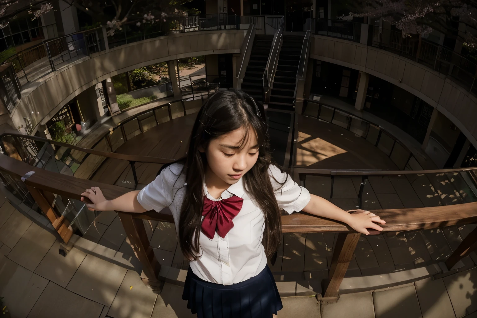 (Best quality, 8k, 32k, Masterpiece, UHD:1.2) "Imagine a picturesque Japanese high school setting inspired by romantic anime. Describe a sprawling campus nestled amid cherry blossom trees, their pink petals gently falling and carpeting the ground in a soft, pastel blanket. The school buildings are a blend of traditional and modern architecture, with large windows that allow natural light to flood the hallways and classrooms.
The central building is a multi-story structure with a grand entrance, featuring polished wooden floors and well-maintained hallways adorned with student artwork and motivational posters. Classrooms are bright and airy, with sliding doors that open to scenic views of the blossoming trees and the meticulously kept school gardens.
The school courtyard is a favorite gathering spot for students, with benches placed under the cherry blossoms, providing a perfect setting for heartfelt conversations and budding romances. Nearby, a koi pond adds to the serene atmosphere, its clear waters reflecting the beauty of the surrounding flora.
Describe the interactions between students, highlighting moments of shy glances, secret notes, and accidental touches that spark romantic feelings. The rooftop of the school is another iconic location, offering breathtaking views of the city and the distant mountains. It’s a private retreat where students often go to reflect, share confessions, and watch the sunset together.
Include scenes in the school’s library, a quiet and intimate space filled with rows of books and cozy reading nooks. Here, students find solace in the written word and often discover unexpected connections with their peers over shared interests.
