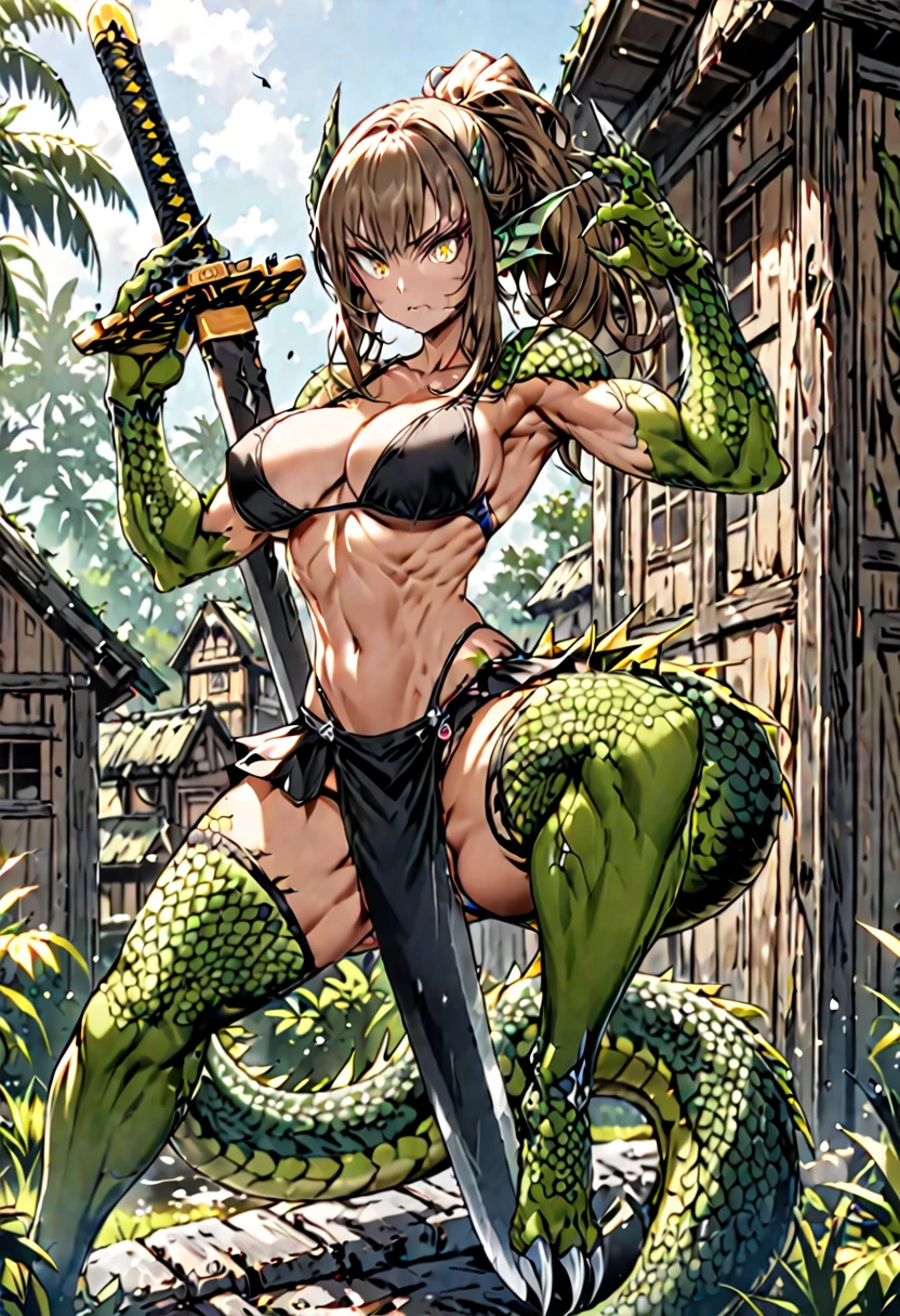 solo, female, sfw, muscular, light tan, long brown hair, deep scar on face, ponytail, yellow eyes, slit pupils, crocodile tail, tail, head fins, scaly arms, claws:1.3, swampy, wood building, day, bastard sword, huge sword, scale armor, large breasts, action pose, scale bikini, adventurer armor:0.6, armor skirt
