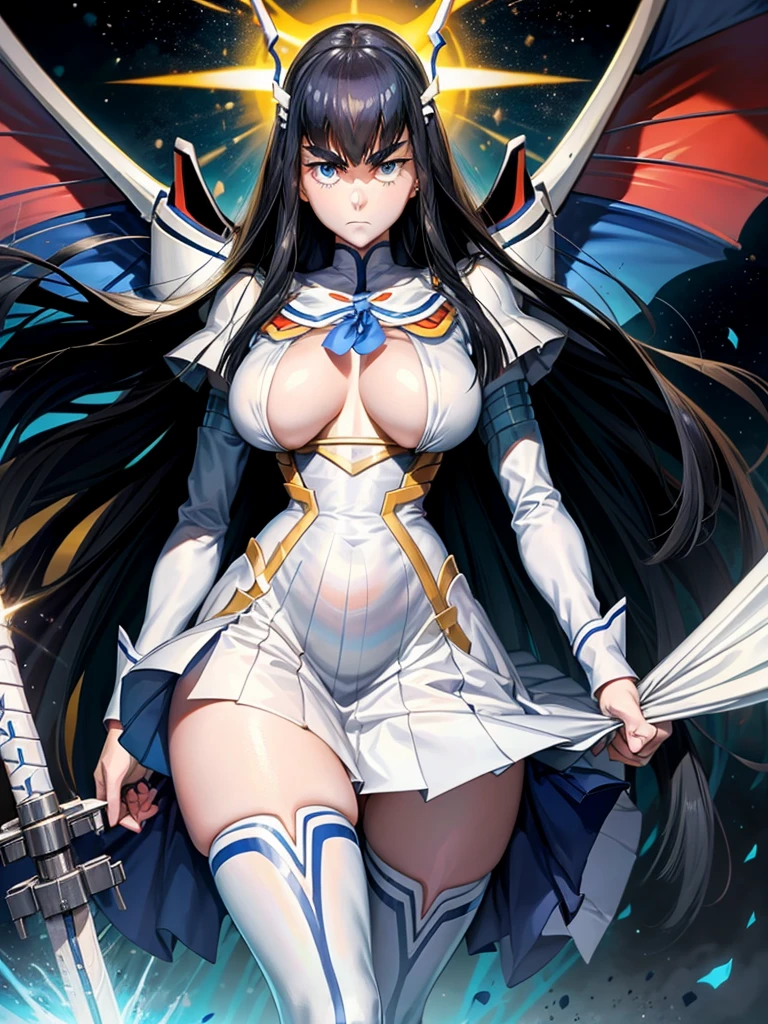 Satsuki Kiryuin, Satsuki Kiryuin de Kill-la-Kill, dressed as junkets, gros seins, seins volumineux, huge and curvy breasts, Bas en maille, debout avec un katana, pleine hauteur, Vue du bas, Best quality, Very detailed, ultra 8k resolution