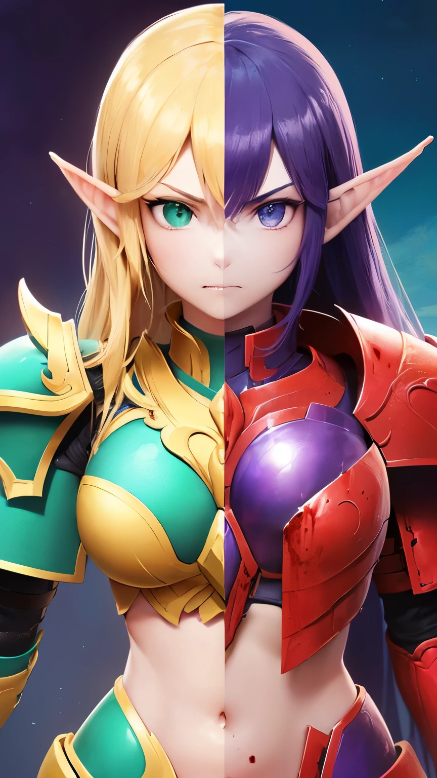 (Highly quality, highly resolutions, highly detailed, masterpiece) Forest background, angry, clenched teeth, ((SplitScreen,  splitscreen, slim body, 1girl, green eyes, blood elf, Elf, pointy ears, blonde hair, natural skin, red Armor, red bra, armored bra, breastplate, gold trim armor, shoulder pads, red shoulder pads, Navel, Abdomen, sexy)), vs, ((SplitScreen,  splitscreen, slim body, 1girl, light blue eyes, void elf, elf, pointy ears, purple hair, colored skin, blue skin, purple armor, purple bra, armored bra, breastplate, Gold trim armor, shoulder pads, purple shoulder pads, navel, Abdomen, sexy,))