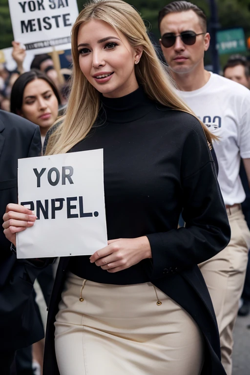 Ivanka Trump holding a protest sign dressed in criminal clothes and smiling sexy