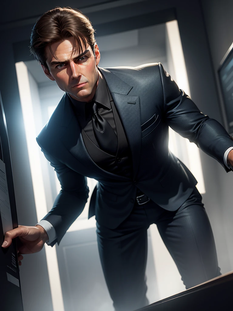 Special Agent Handsome, steals a top-secret scheme, Around lasers, tmasterpiece, ultra-detailing heperrealism, Tom Cruise, Sean Connery