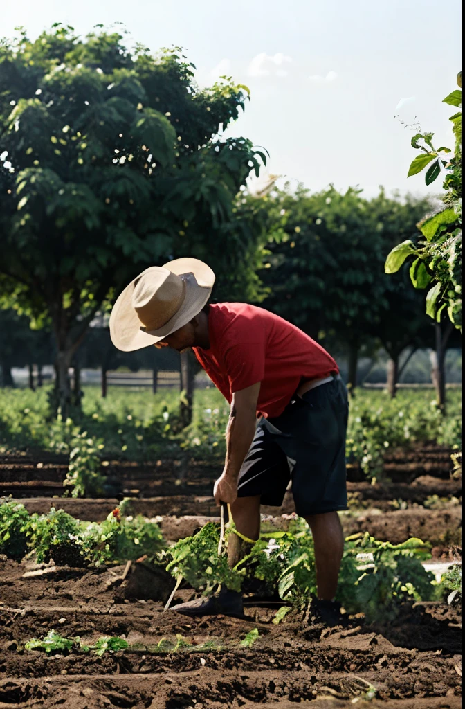 create a tomato plantation and men harvesting early in the morning