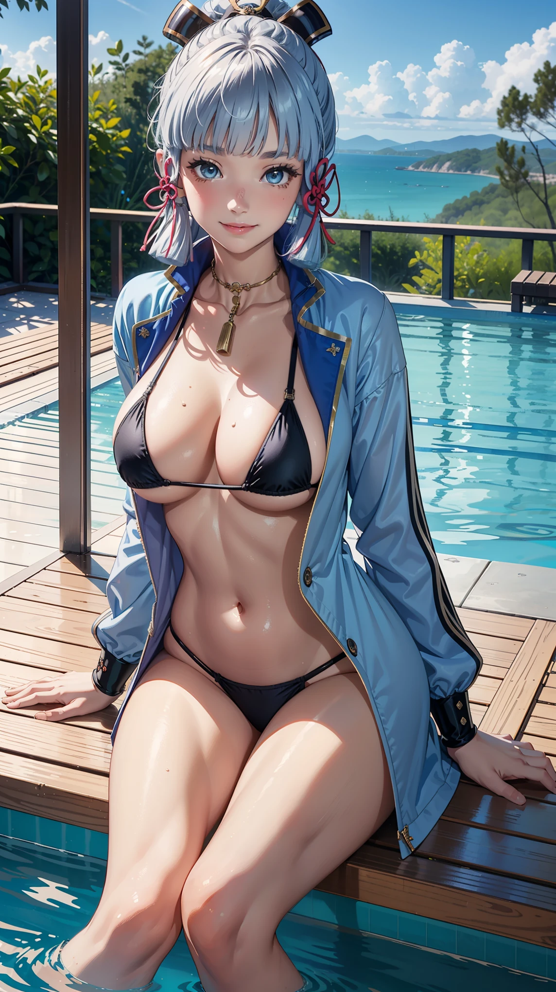 (Kamisatoayakarnd), (narrow waist), blushing, official art, detail face, cg,looking at viewer, (sitting),pool, (expansive landscape photography:1.2),(micro bikini:1.2), huge breast, night, (open coat), smile