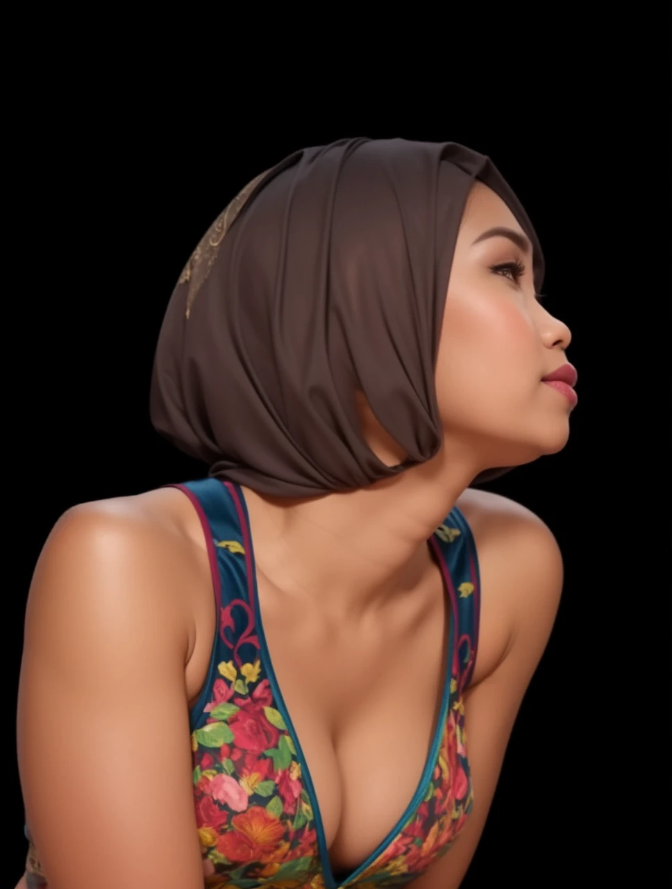 Matured Malay women in hijab wearing sexy satin lace lred color pajamas portrait photography, 35 years old, mid shot photo, ultra detail, professional photograph with professional lighting, smile, light blue studio background, sexy seducing pose, curvy,