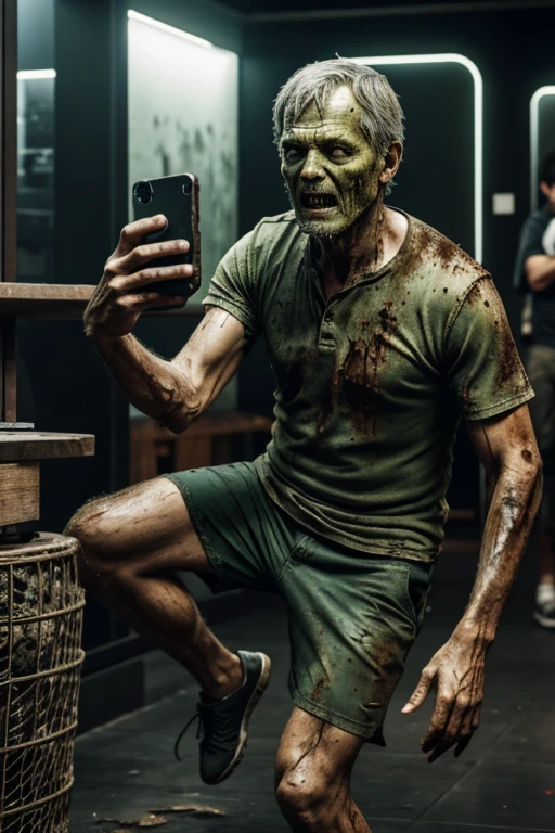 a middle-aged male zombie, decay, green skin tone, dirty full-body photo, very worn-out clothes, looking at smartphone screen, touching smartphone, dirty skin, dirty hands, taking selfie, full body visible, smiling, jumping for joy, at Apple store, best quality, 4k, 8k, highres, masterpiece:1.2, ultra-detailed, realistic, photorealistic, photo-realistic:1.37, horror, concept art