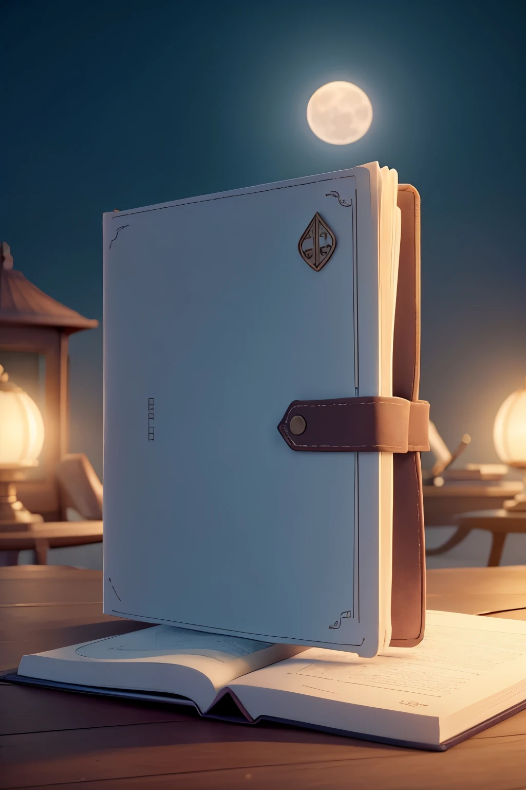 An open book in place of the full moon seen on the horizon shining, cinematic light and soft glow, rendered with a retro touch, cinematographic