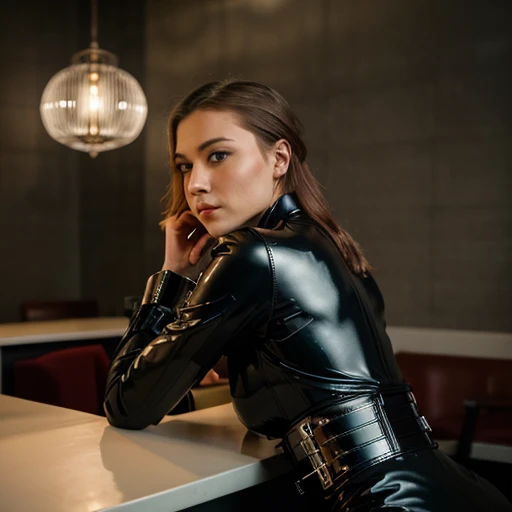 RAW-Foto, Elegant young Norwegian girl, 18 Jahre, Gothicgirl mit langen, glattes rotes Haar und sehr helle blasse Haut, dunkler Lidschatten, dunkler Lippenstift, sitzt auf einem schwarzen Ledersessel in einer dunklen Bar mit Neonschild, wears a black latex catsuit and a black latex corset, Haltungskragen, Metallhalsband, ((armbinder)), Gebunden, gebunden, ((Arms behind the back)), mit Handschellen gefesselt, 105mm professionelle Fotografie, analoge Fotografie, Vintage-Stil, (Hochdetaillierte Haut:1.2), 8k uhd, dslr, sanfte Beleuchtung, good quality, Filmkorn, sharpen, Fujifilm XT3