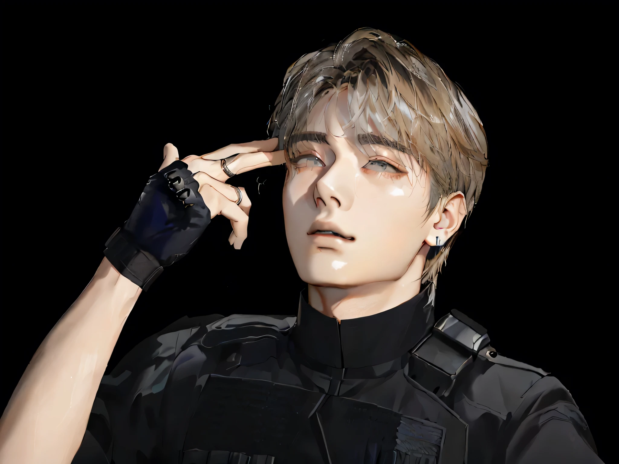 arafed male in a black uniform holding a finger to his ear, jung jaehyun, cai xukun, in black uniform, with pistol, xqc, yanjun chengt, headshot profile picture, inspired by Yanjun Cheng, in black military uniform, official photo, inspired by Bian Shoumin, hyung tae, clasps his bangs in one hand, jimin