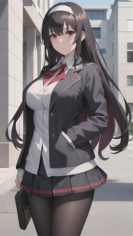 masterpiece, best quality, 1girl, solo, long hair, black pantyhose, , black hair, red eyes, pleated skirt, white hairband, bangs, jacket, large breasts
